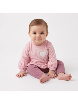 Bebetto Kız Bebek Sweatshirt-Alt Kalp Baskılı Çıtçıtlı Bisiklet Yaka Long Sleeve Patiksiz
