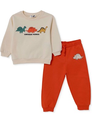 Hellobaby Erkek Bebek Eşofman Takımı Dinozor Baskılı Bağcıklı Bisiklet Yaka Long Sleeve Ribanalı