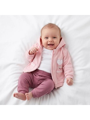 Bebetto Kız Bebek Sweatshirt-Hırka-Alt Kalp Baskılı Fermuarlı Kapüşonlu Long Sleeve Patiksiz
