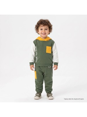 Hellobaby Erkek Bebek Eşofman Takımı Slogan Baskılı Bağcıklı Kapüşonlu Long Sleeve Lastikli