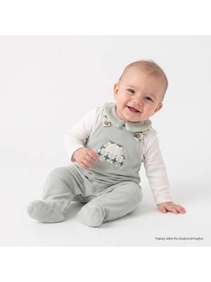 Hellobaby Erkek Bebek Kadife Tulum Araba Baskılı Düğmeli Gömlek Yaka Uzun Kol Patikli