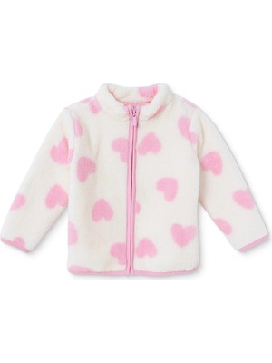 Hellobaby Kız Bebek Welsoft Hırka Kalp Baskılı Fermuarlı Dik Yaka Long Sleeve