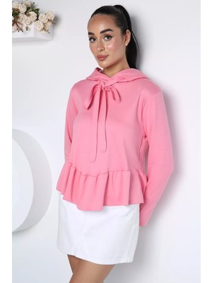 Gülseli Kadın Eteği Fırfırlı Kapüşonlu Sweatshirt P-00023096