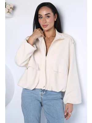 Gülseli Kadın Çıtçıtlı ve Fermuarlı Linen Bomber Ceket P-00023138