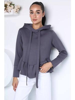 Gülseli Kadın Eteği Fırfırlı Kapüşonlu Sweatshirt P-00023096