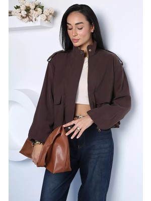 Gülseli Kadın Bel ve Bilek Lastikli Çıtçıtlı Fermuarlı Camelya Bomber Ceket P-00023139