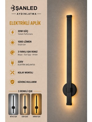 ŞANLED Dekoratif 20W Iç Mekan Siyah Kasa 3 Renkli Işık 80 cm Duvar Aplik Elektrikli