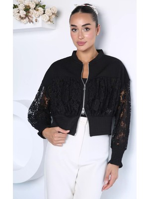 Gülseli Kadın Ön Fermuarlı Dantelli Crop Top Ceket P-00023040
