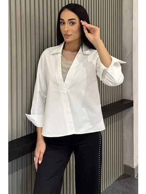 Gülseli Kadın Ön Boncuk Detaylı Gömlek P-00022954