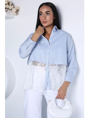 Gülseli Kadın Dantel Detaylı Çizgili Gömlek P-00022955