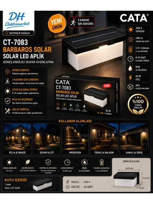 Cata CT-7083 Barbaros Solar LED Aplik 40W Sensörlü Güneş Enerjili Duvar Aydınlatma