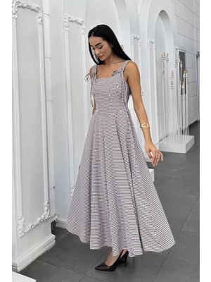 Gülseli Omuz Bağcıklı Desenli Elbise P-00022419