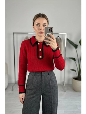 Gülseli Gömlek Yaka Düğmeli Triko Kazak P-00022265