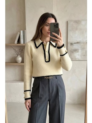 Gülseli Gömlek Yaka Düğmeli Triko Kazak P-00022265