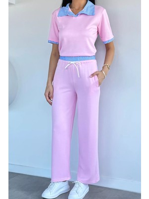 Gülseli Kadın Polo Yaka Bluz Bel Lastikli Pantolon Ikili Takım P-00022256