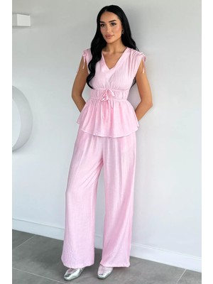 Gülseli Kadın Bel Lastikli Pantolon V Yaka Bluz Ikili Takım P-00022129