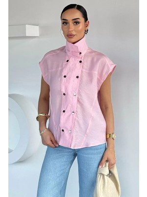Gülseli Kadın Ön Çıtçıtlı Dik Yaka Kolsuz Gömlek P-00022053