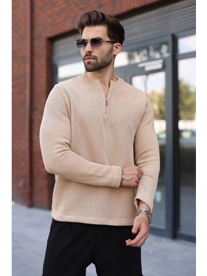 Madmext Bej Bisiklet Yaka Fermuar Detaylı Erkek Triko Sweatshirt E7209