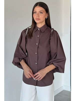 Gülseli Kadın Taş Işlemeli Balon Kol Gömlek P-00021225
