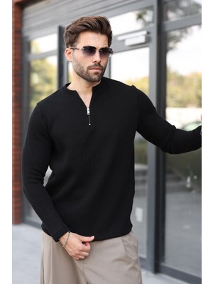 Madmext Siyah Bisiklet Yaka Fermuar Detaylı Erkek Triko Sweatshirt E7209