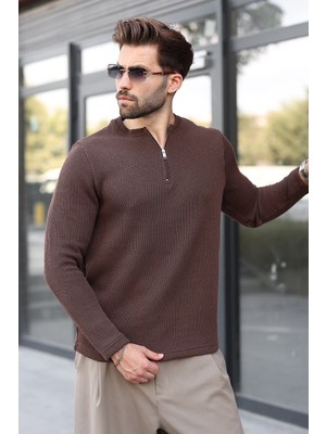 Madmext Kahverengi Bisiklet Yaka Fermuar Detaylı Erkek Triko Sweatshirt E7209
