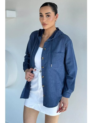 Gülseli Kadın Çizgi Desenli Kapüşonlu Spor Gömlek P-00021452