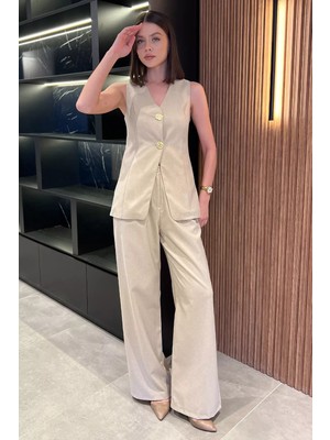 Gülseli Çift Düğmeli Yelek Pantolon Ikili Takım P-00017320
