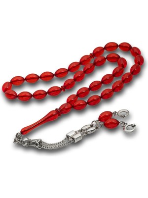 Inure Jewelry Metal Püsküllü Kırmızı Sıkma Kehribar Tesbih
