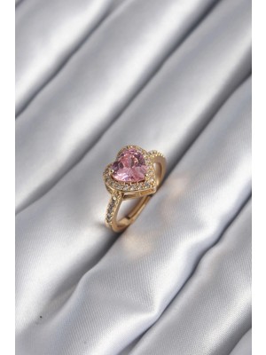 Inure Jewelry Pirinç Gold Renk Pembe Zirkon Taşlı Charm Kalp Model Kadın Yüzük