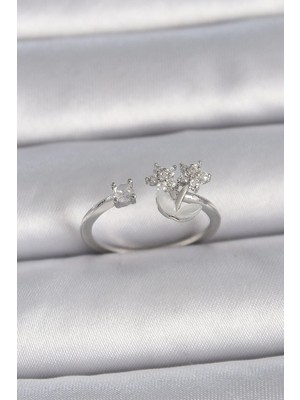 Inure Jewelry Pirinç Gümüş Renk Ayarlanabilir Zirkon Taşlı Yıldız Model Kadın Yüzük