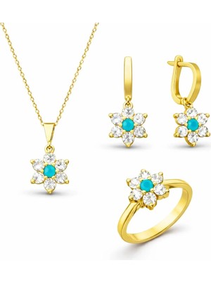 Inure Jewelry Gümüş Mavi Taşlı Gold Çiçek Kadın Set