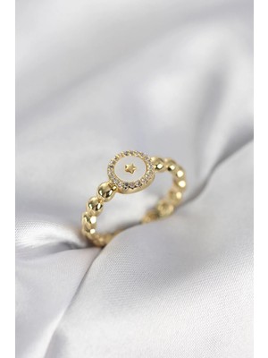 Inure Jewelry Gold Renk Sedefli Yıldız Model Zirkon Taşlı Kadın Yüzük
