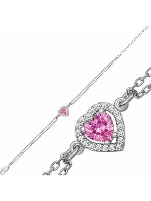 Inure Jewelry Gümüş Pembe Zirkon Taşlı Kalp Kadın Bileklik