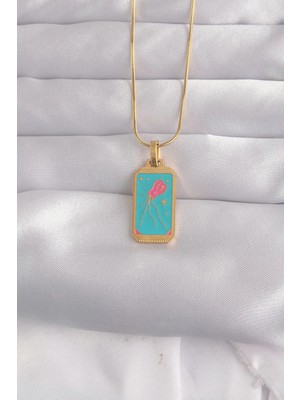 Inure Jewelry 316L Çelik Gold Renk Mavi Mineli Tarot Kolye