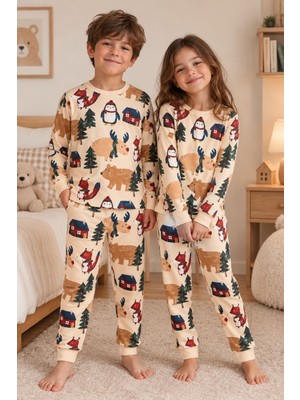 Zuzunga Sevimli Kardan Adam-Penguen Desenli %100 Pamuk Unisex Çocuk Pijama Takımı