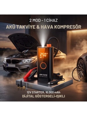 Marsilyan™- Akü Takviye Cihazı ve Lastik Şişirme Pompası – Powerbank Özellikli, Dijital Ekranlı Sos Fenerli Taşınabilir Kompresör BX40