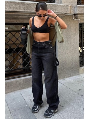 Madmext Siyah Kargo Kemer Detaylı  Baggy Kadın Jean MG2874