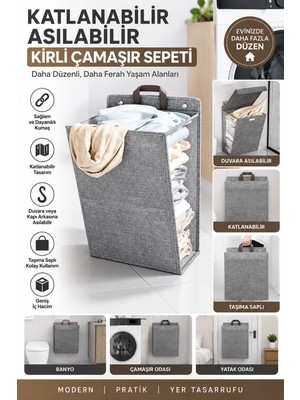 Hili Katlanabilir Asılabilir Kirli Çamaşır Sepeti – Duvar ve Kapı Arkası Organizer, Taşıma Saplı Gri
