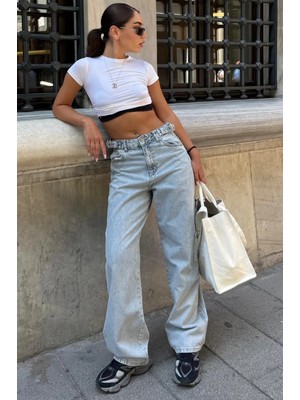 Madmext Açık Mavi Kargo Kemer Detaylı  Baggy Kadın Jean MG2874