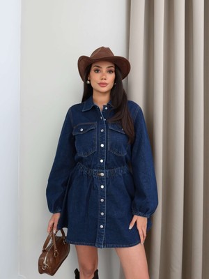 Esra Helvacı Bel Lastikli Denim Mini Elbise