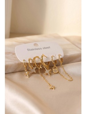 Marsilyan™- 316L Çelik Gold Renk Yıldız Model Zincir Detaylı Kadın Küpe Seti