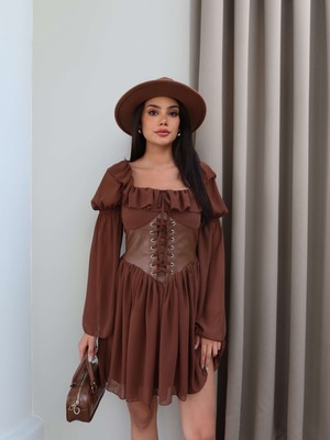 Esra Helvacı Yaka Fırfırlı Korseli Şifon Mini Elbise
