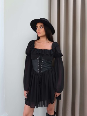 Esra Helvacı Yaka Fırfırlı Korseli Şifon Mini Elbise