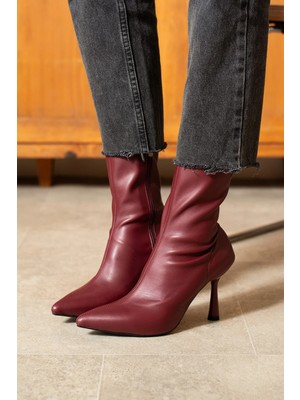Dabab Shoes MARYA Kadın Bordo Streç Cilt Sivri Burun Sıcak Astarlı Fermuarlı 7 Cm İnce Topuklu Bot Bootie