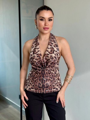 Leopar Boyundan Bağlama Bluz