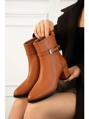 Dabab Shoes Astraya Kadın Taba Tokalı Topuklu Kısa Konç Şık Kışlık Bot Bootie