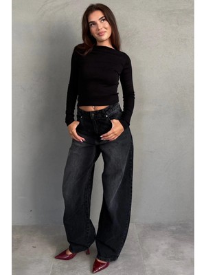Madmext Siyah Yıkamalı Baggy Kadın Jean MG2875