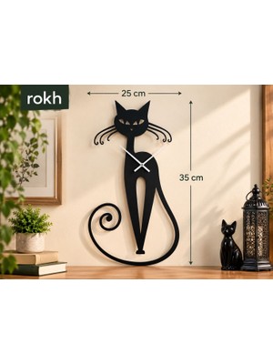 Rokh 🐱🕐 35X25 cm Kedi Figürlü Dekoratif Duvar Saati Siyah Modern Kedi Temalı Duvar Saati Ev Dekoru