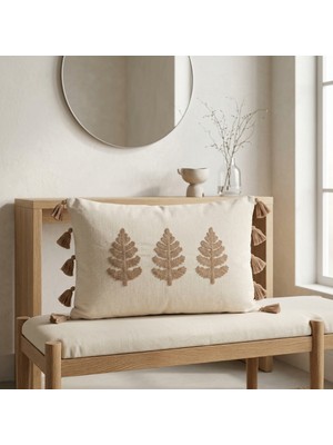 Dokuvia Buldan Işi Ağaç Motifli Kabartmalı Punch Nakışlı Püsküllü Pamuk Gizli Fermuarlı Dikdörtgen Kırlent Kılıfı 35X55 cm