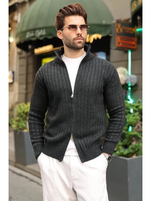 Madmext Antrasit Çift Fermuarlı Slim Fit Çizgili Erkek Triko Hırka E7522
